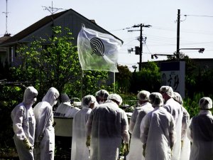 Don't Follow the wind _09 Flag designed by Naohiro Ukawa with first viewers, Fukushima Exclusion Zone, Japan